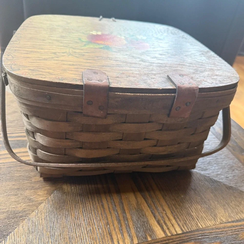 Vintage Apple Basket - Hand Painted Signed Beth Kankel 1981 Woven Picnic Basket